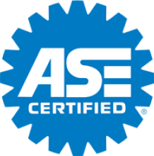 Blue ASE Certified logo, a gear-shaped badge with white letters "ASE CERTIFIED."