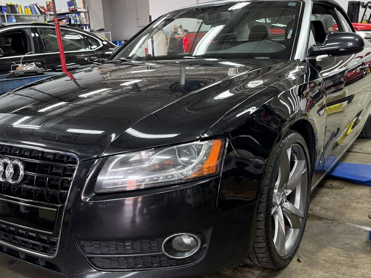A customer Audi on jack stands in a service bay at First Call Auto Care in Royal Oak, MI